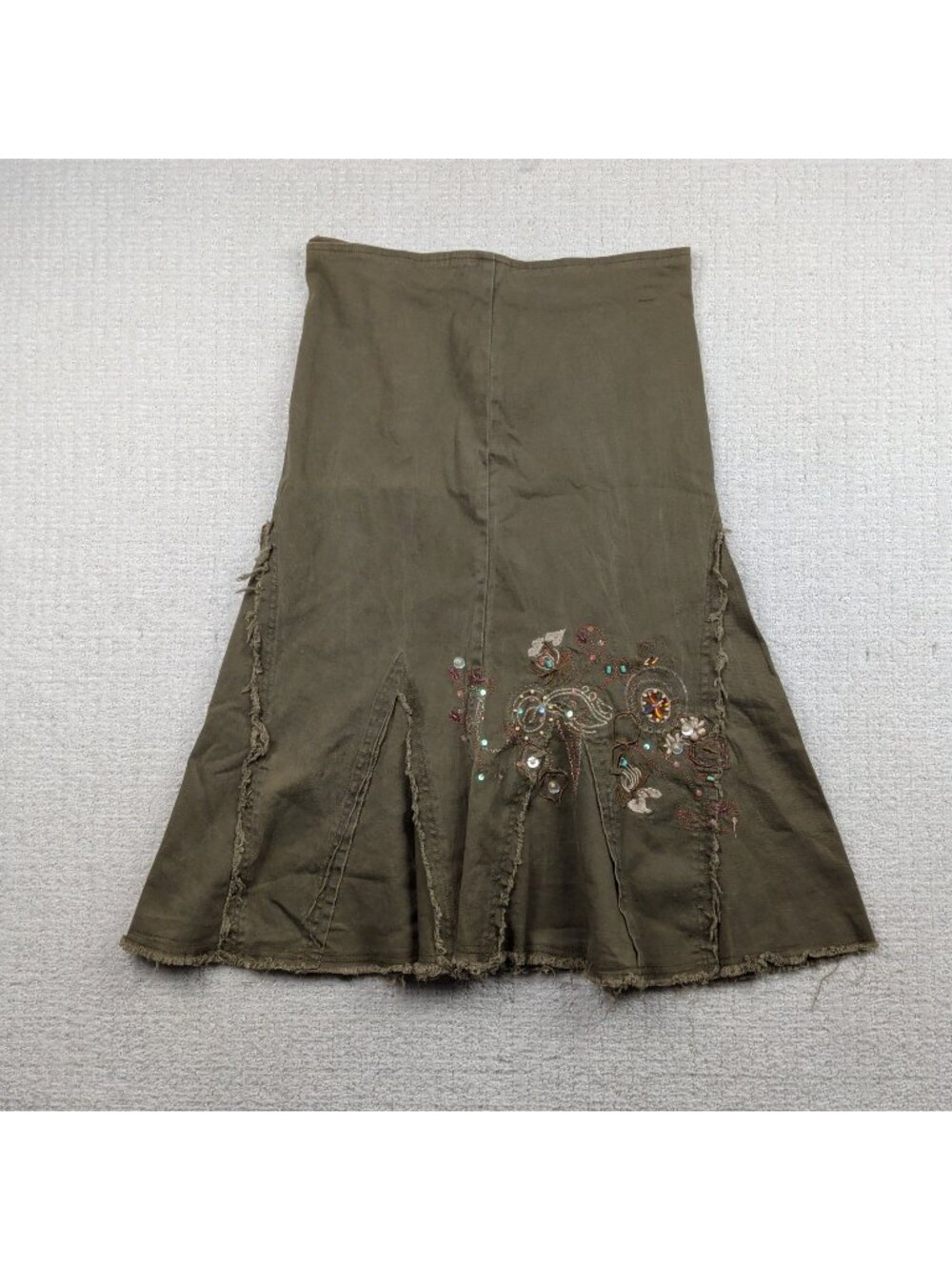 Y2K Plastic by Gly A-line Skirt Military Green Distressed Floral Beaded Grunge M